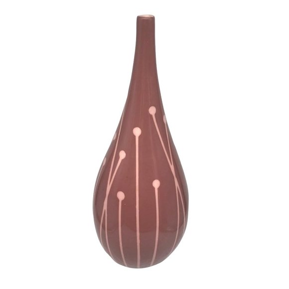 Vintage MCM Ceramic Teardrop Vase with Mod Botanical Design, 12x5 Mauve and Pink - Picture 2 of 5